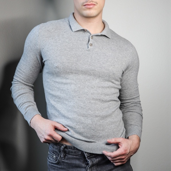 Topman Muscle Fit Sweater Polo | grey knit long sleeve - Picture 2 of 8